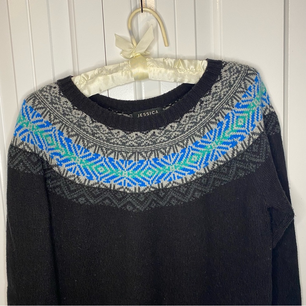 Jessica Wool Blend Black Winter Sweater with Blue and Gray Pattern - Picture 3 of 6